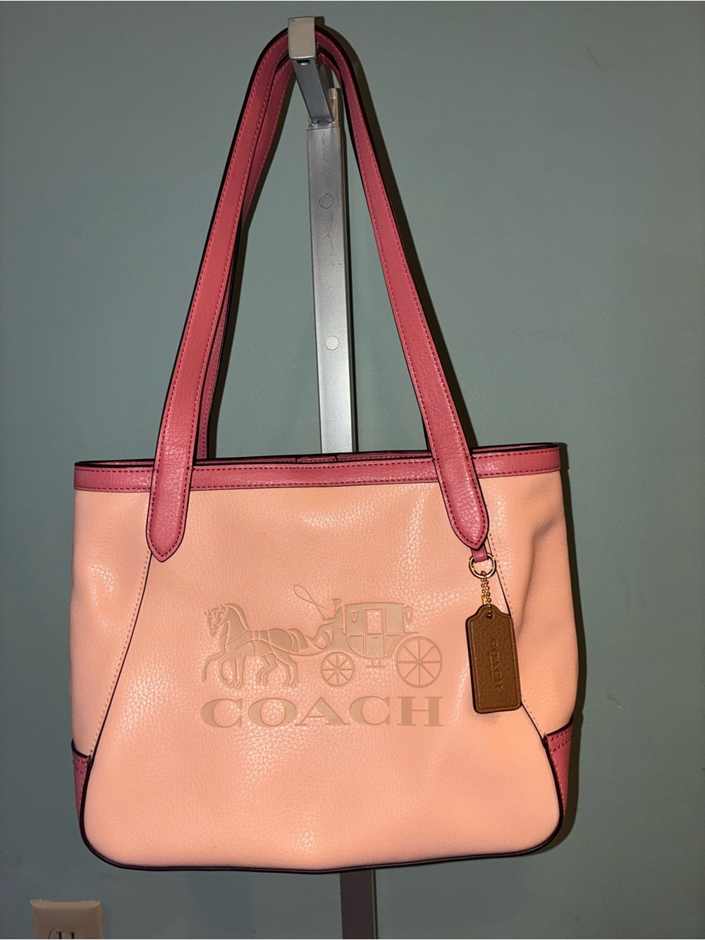COACH Pink Peony and Rose Leather Tote with Contrast Trim